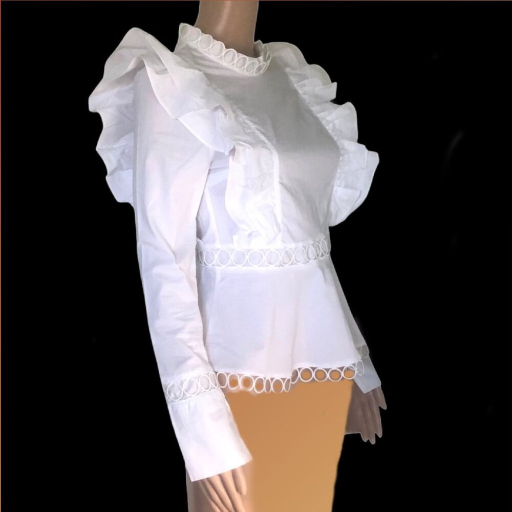 INA Large Ruffles Circular Lace Detail Peplum White Poplin Blouse Size S - XS - Picture 4 of 5